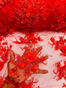 3D Flower Sequins Design - Red - Embroidered Pearl Sequins Floral Clusters Lace Fabric By Yard
