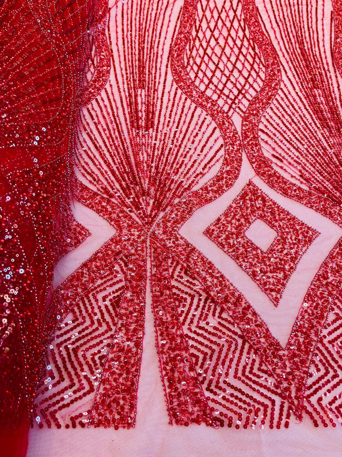 Beaded Diamond Design Fabric - Red - Beaded Embroidered Diamond Zig Zag Design on Mesh By Yard