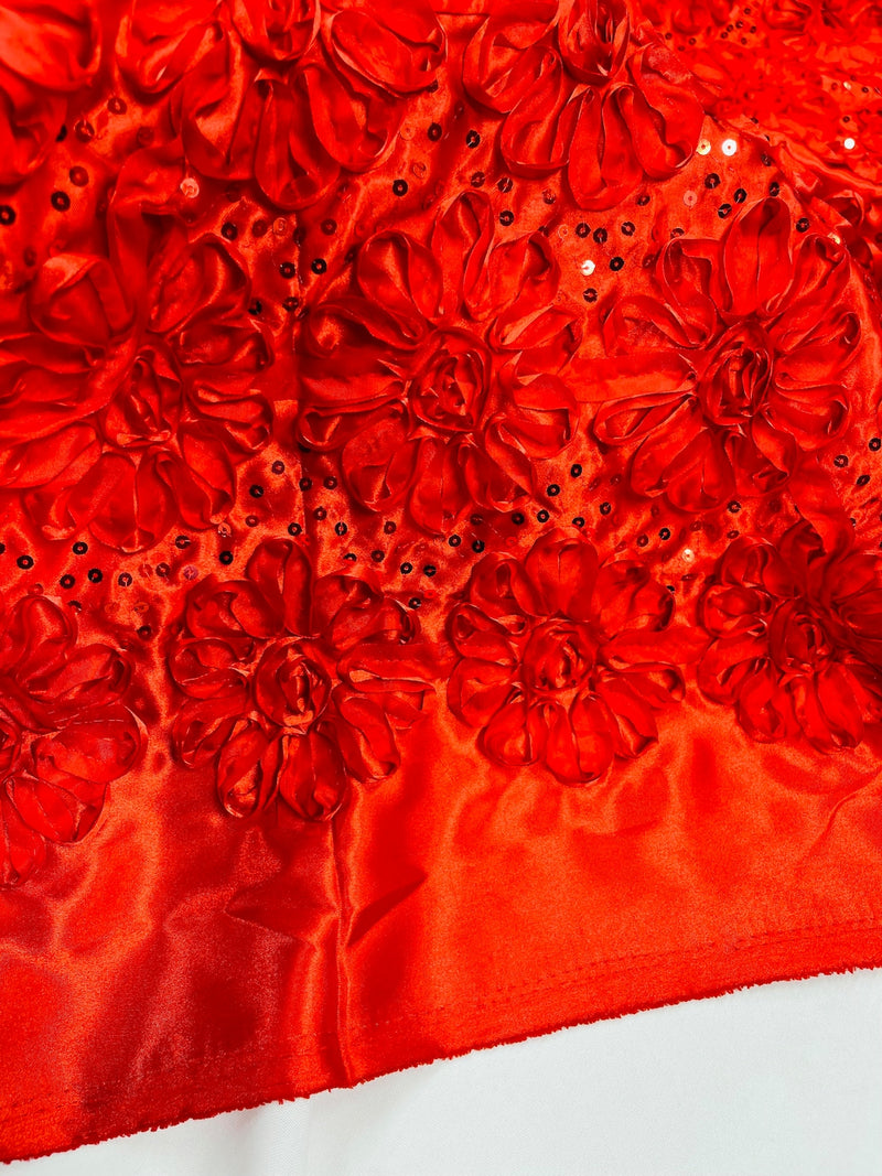 Satin Rosette Sequins Fabric - Red - 3D Rosette Satin Rose Fabric with Sequins By Yard