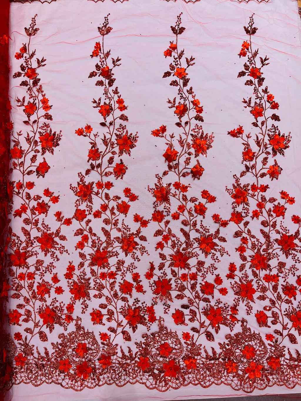 3D Flower Glitter Fabric - Red - Floral Glitter Sequin Design on Lace Mesh Fabric by Yard