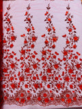 3D Flower Glitter Fabric - Red - Floral Glitter Sequin Design on Lace Mesh Fabric by Yard