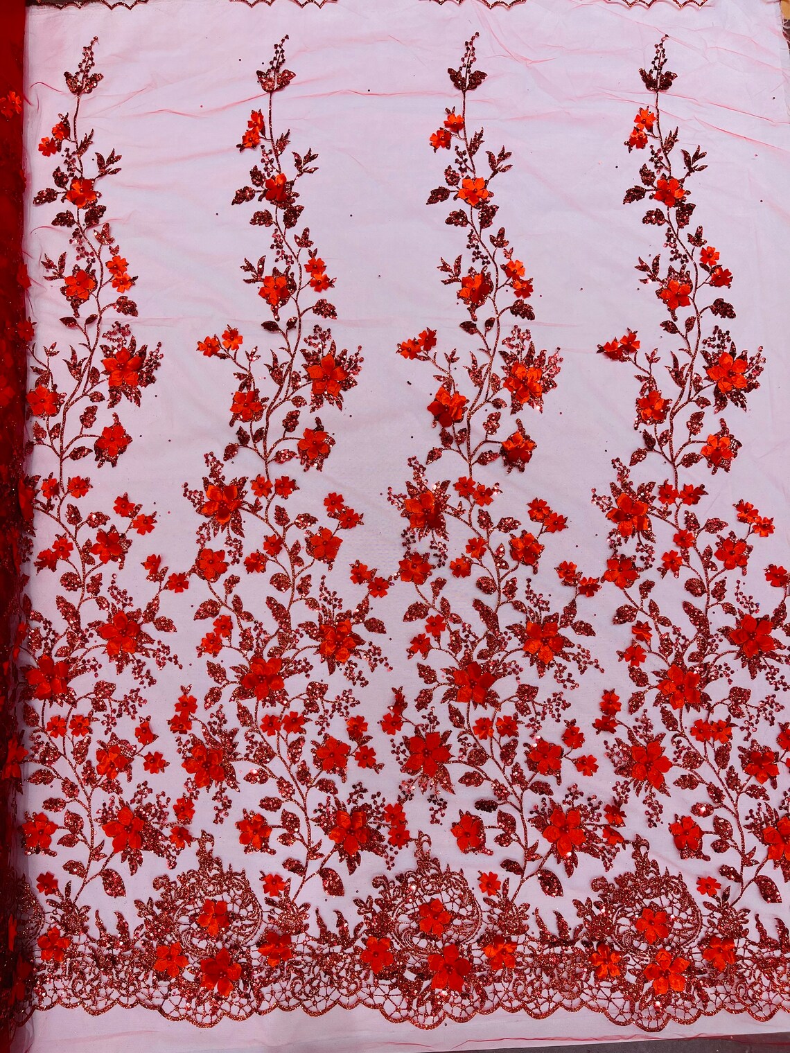 3D Flower Glitter Fabric - Red - Floral Glitter Sequin Design on Lace Mesh Fabric by Yard