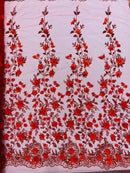 3D Flower Glitter Fabric - Red - Floral Glitter Sequin Design on Lace Mesh Fabric by Yard