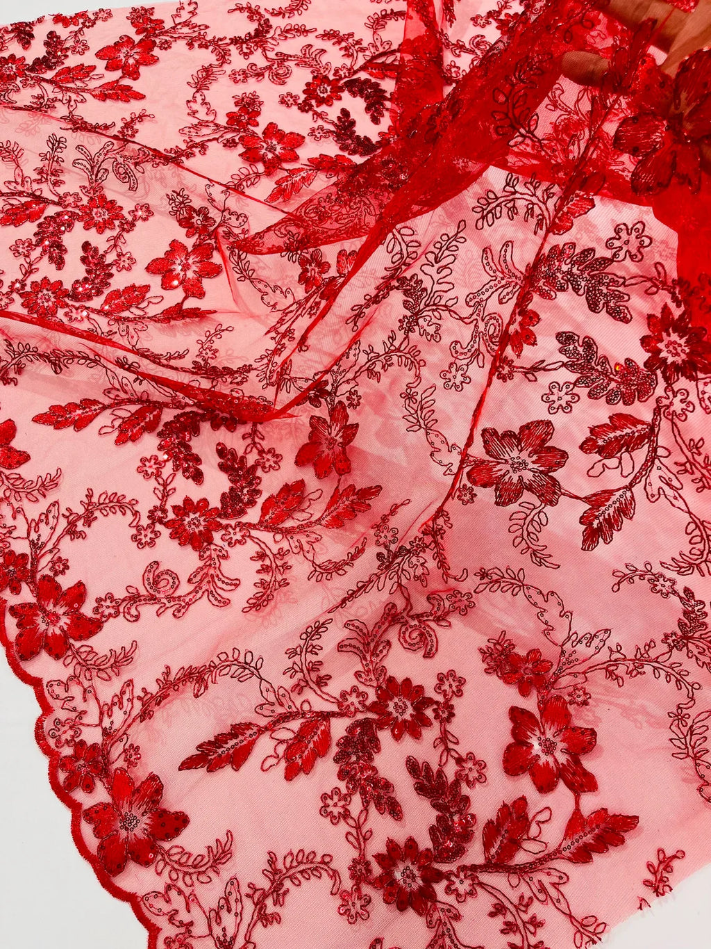 Floral Metallic Lace Fabric - Red - Corded Embroidered Floral Sequins Fabric by Yard