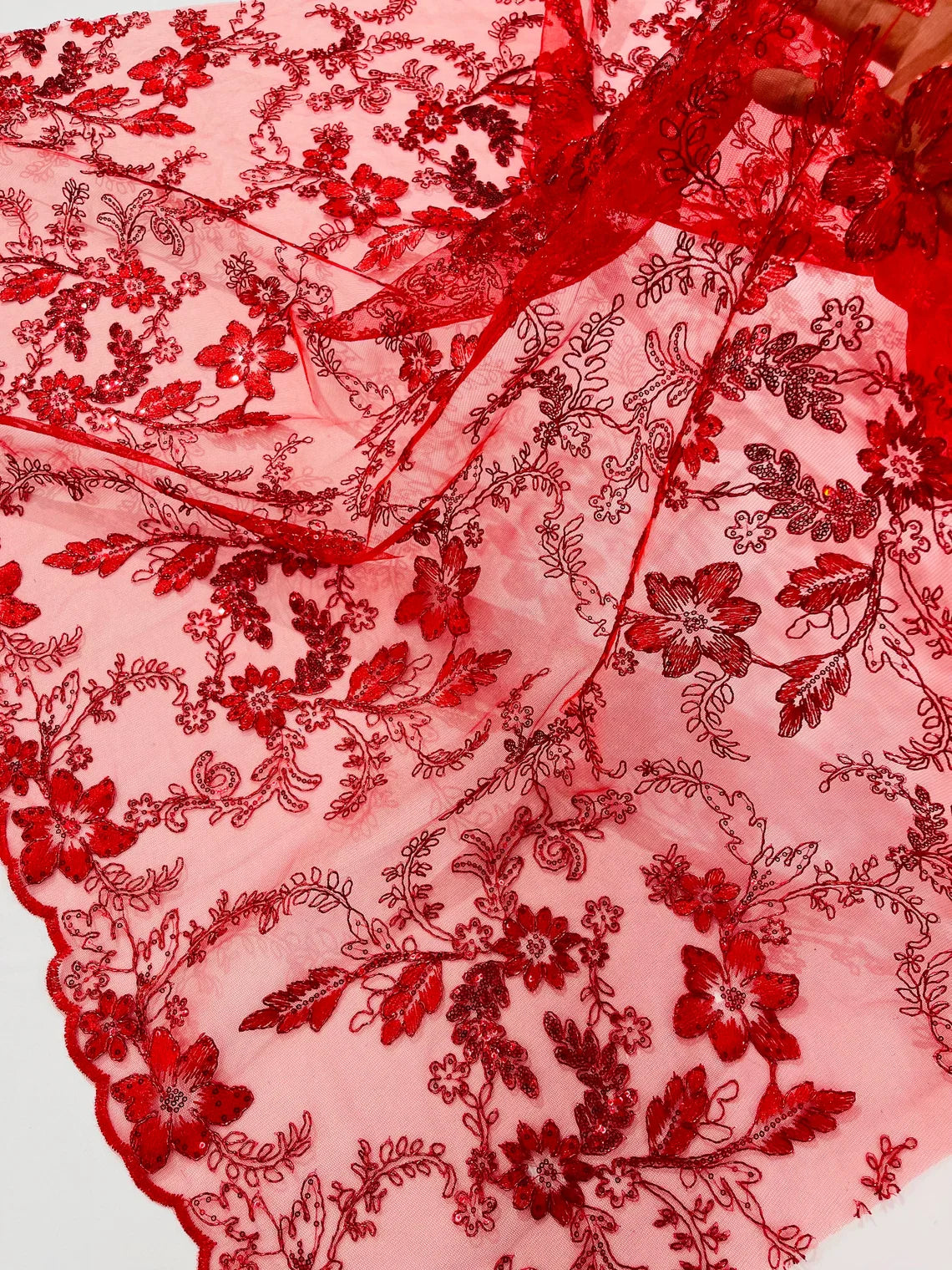 Floral Metallic Lace Fabric - Red - Corded Embroidered Floral Sequins Fabric by Yard