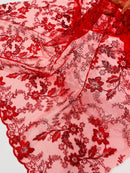 Floral Metallic Lace Fabric - Red - Corded Embroidered Floral Sequins Fabric by Yard
