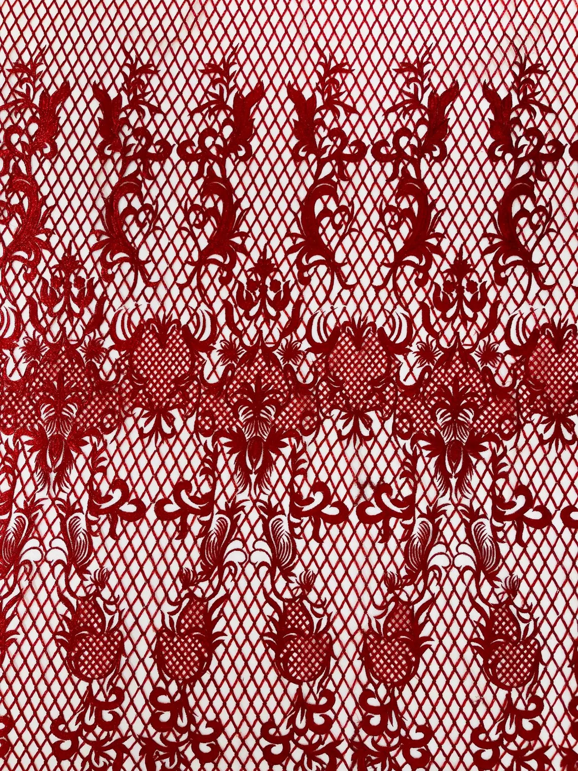 Damask on Net Lace Fabric - Red - Embroidered Lace Mesh Damask Design Fabric by Yard
