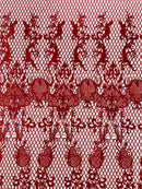 Damask on Net Lace Fabric - Red - Embroidered Lace Mesh Damask Design Fabric by Yard