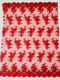 Floral Plant Lace Fabric - Red - Flower Plant Design Lace Sequins Fabric Sold By Yard