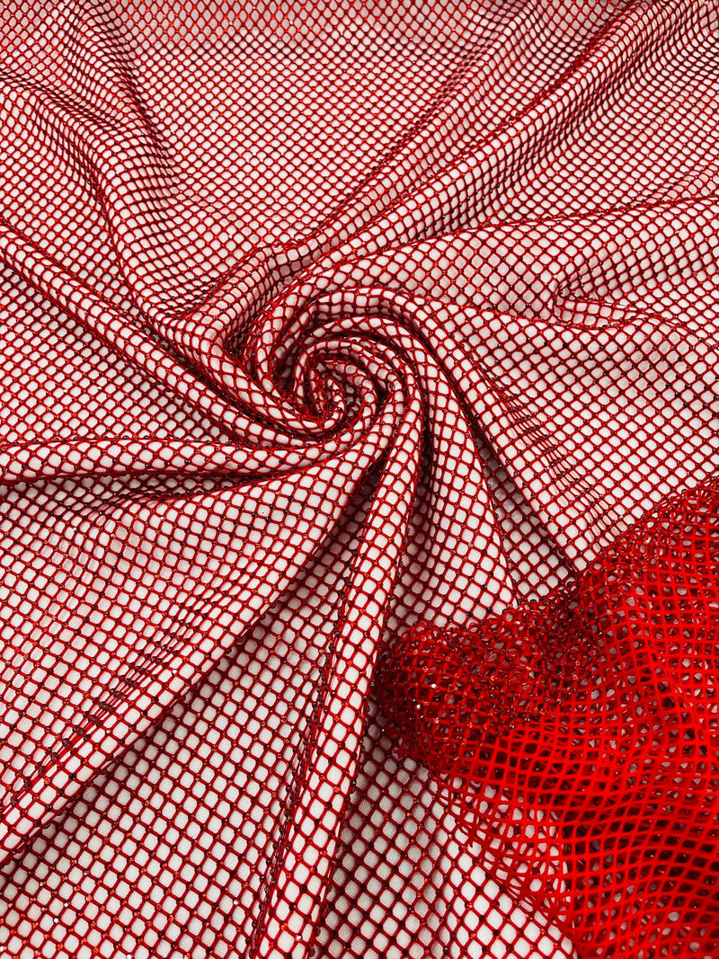 Fish Net Spandex Rhinestone Fabric - Red - Solid Spandex Fish Net Design Fabric with Rhinestones by Yard