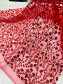 Shimmer Glitter Flower Fabric - Red - Small Glitter Flower Design on Lace Sold By Yard