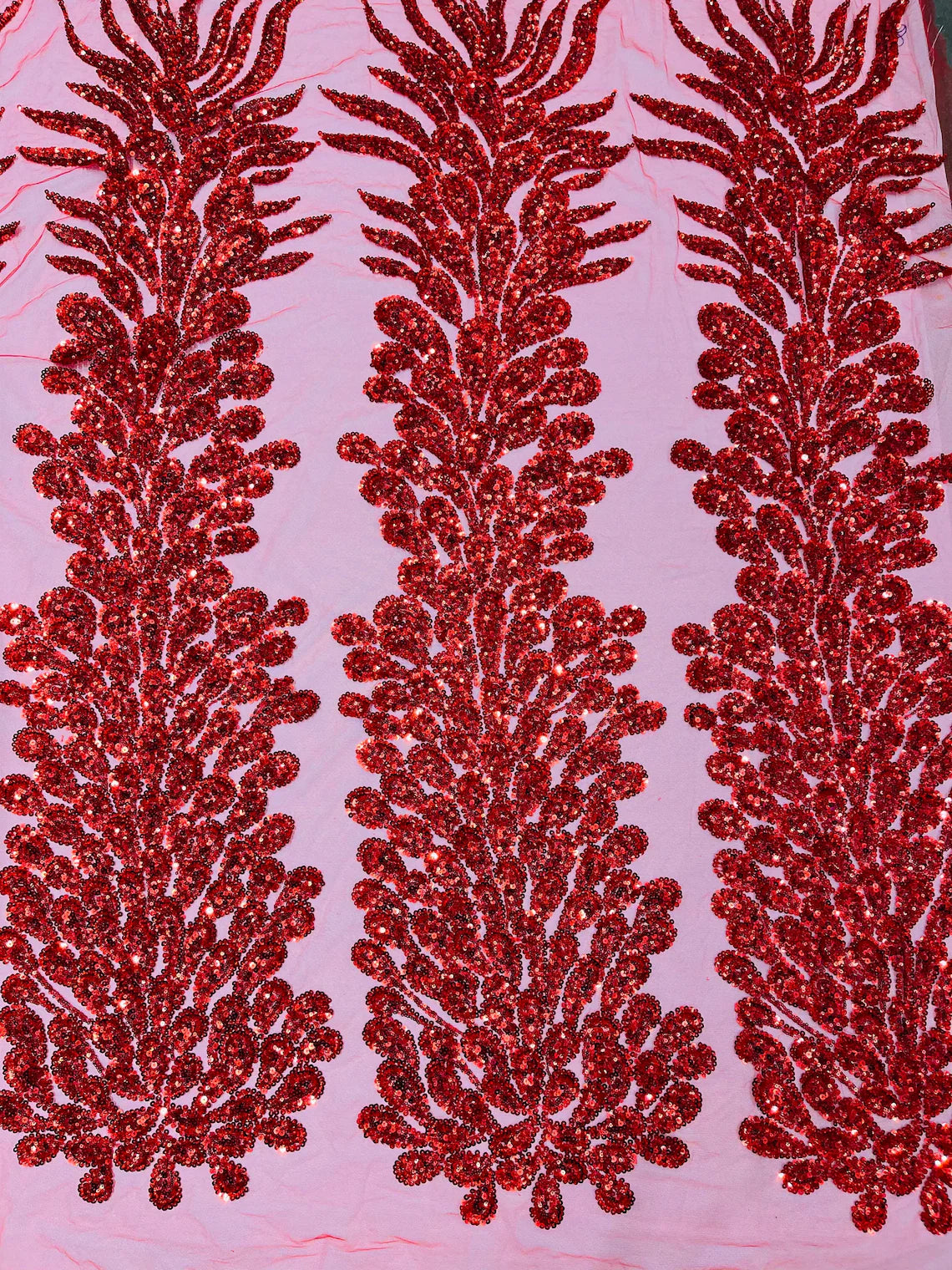 3D Beaded Peacock Feathers - Red - Sequins Embroidered Beaded Vegas Design On a Mesh Lace Fabric (Choose The Panels)