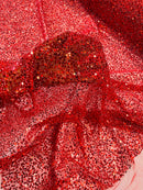 Pearl Sequins Bead Fabric - Red - Small Beads and Sequins Embroidered on Lace By Yard