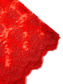 Floral Damask Lace Fabric - Red - Embroidered Damask Flowers on Lace Fabric By Yard