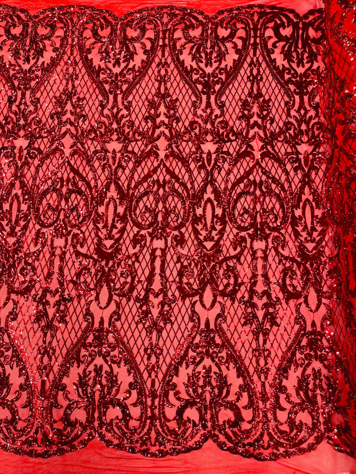 Heart Damask Sequins - Red - 4 Way Stretch Elegant Shiny Net Sequins Fabric By Yard