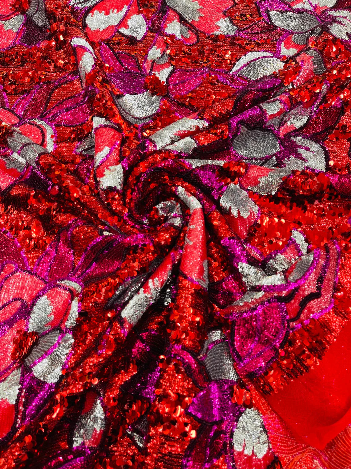 Orchid Design Sequins - Red - 4 Way Stretch Full Sequins Floral Design Mesh Fabric By Yard