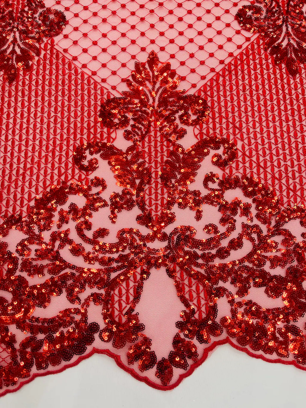 King Damask Design Fabric - Red - Embroidered Corded Mesh Lace Fabric with Sequins By Yard