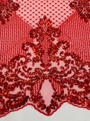 King Damask Design Fabric - Red - Embroidered Corded Mesh Lace Fabric with Sequins By Yard