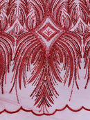 Beaded Lines Fabric - Red - Luxury Beads and Sequins Line Design Fabric By Yard