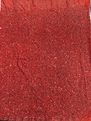 Sequins on Metallic Foil - Red  - 5mm Sequins Confetti 2Way Stretch Spandex Fabric by yard