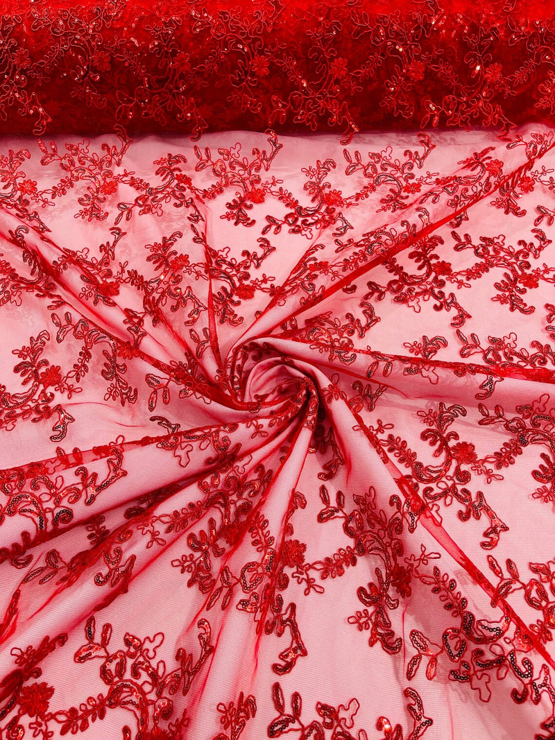 Floral Sequins Lace Fabric - Red - Embroidery Flower Clusters Design with Shiny Sequins  Fabric Sold By Yard