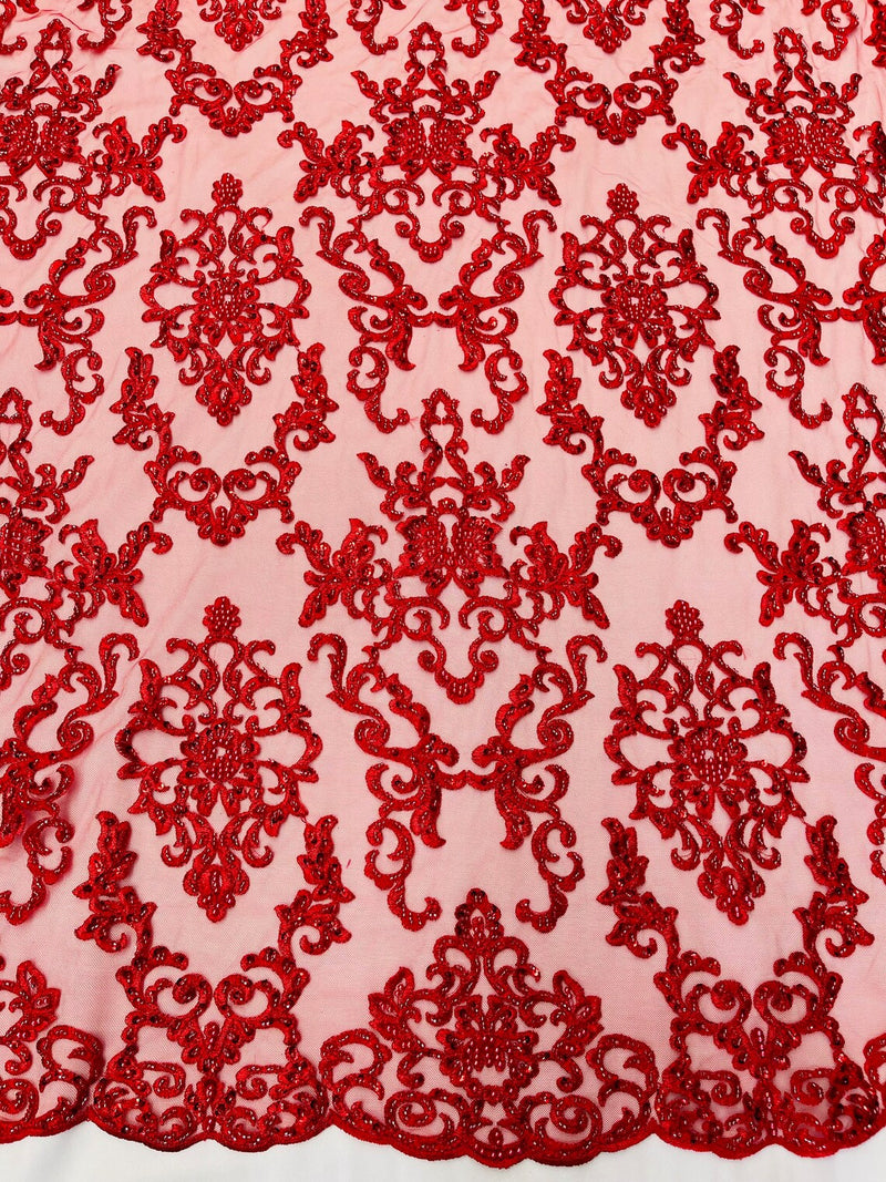 Butterfly Bead Sequins Fabric - Red - Damask Beaded Sequins Lace Fabric by the yard