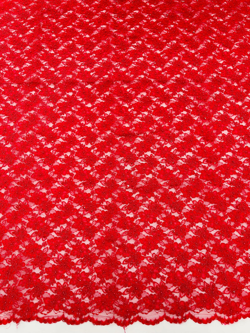 Floral Pearls and Sequins Fabric - Red - Beaded Fabric Embroidered Lace By The Yard