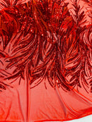 Leaf Design Stretch Sequins - Red - 4 Way Stretch Lace Mesh Sequins Fabric by Yard