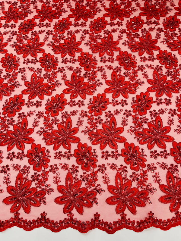 Corded Lace Floral Fabric - Red - Hologram Sequins Metallic Thread Floral Fabric by Yard