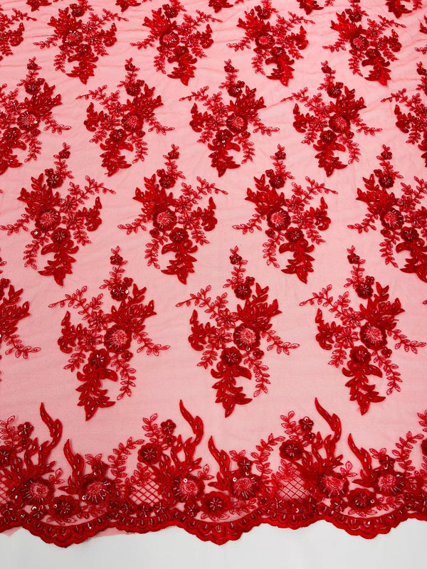 Beaded Flower Sequins Fabric - Red - Embroidered Beaded Floral Clusters Sequins Fabric By Yard