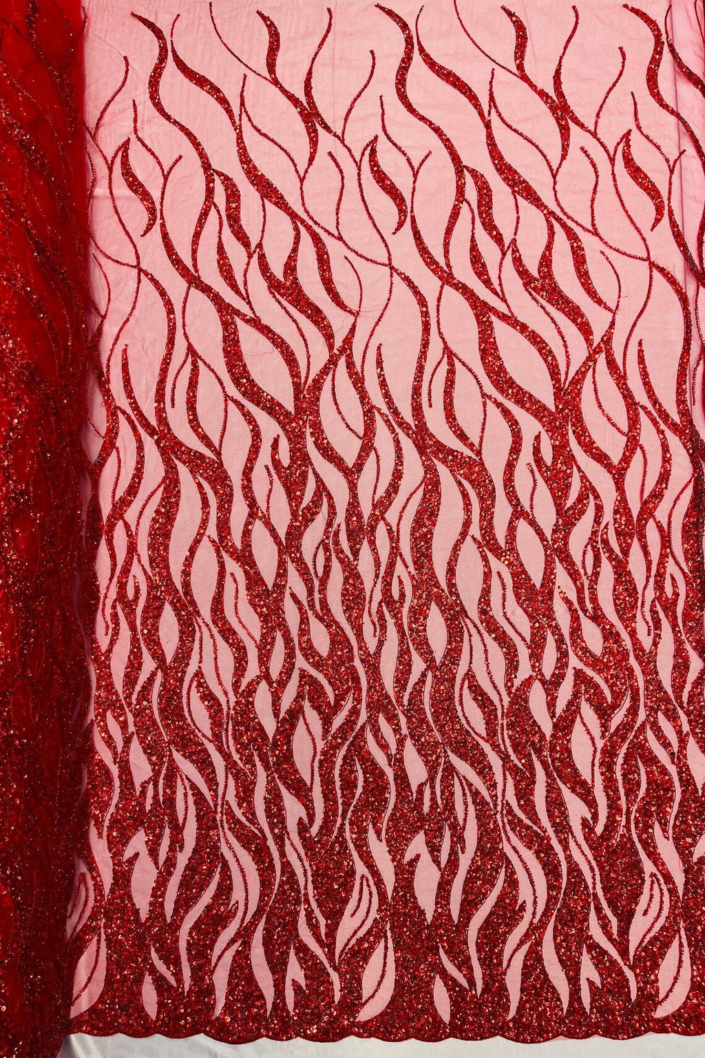Fire Flames Design Bead Fabric - Red - Beaded Embroidered Fire Pattern Fabric By Yard