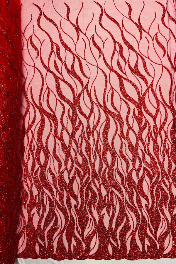 Fire Flames Design Bead Fabric - Red - Beaded Embroidered Fire Pattern Fabric By Yard