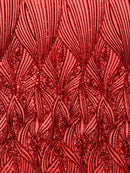 Curvy Line Design Fabric - Red - 4 Way Stretch Sequins Design Mesh Lace Fabric by Yard