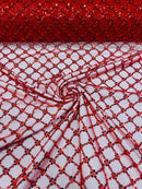 Beaded Diamond Net Fabric - Red - Embroidered Geometric Beaded Sequins Fabric Sold By Yard