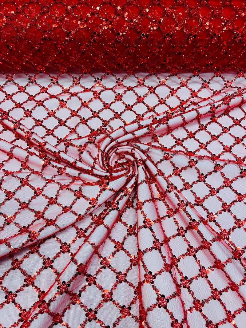 Beaded Diamond Net Fabric - Red - Embroidered Geometric Beaded Sequins Fabric Sold By Yard