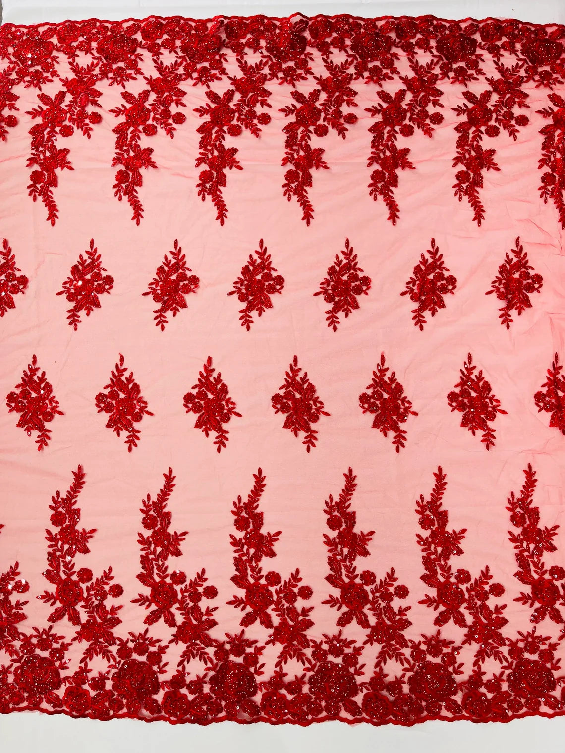 Beaded Rose Flower Fabric - Red - Embroidered Beaded Long Border Floral Fabric By Yard