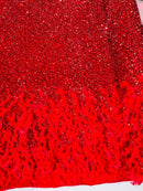 Feather Sequin Velvet Fabric - Red - 5mm Sequins Velvet 2 Way Stretch 58/60" Fabric By Yard