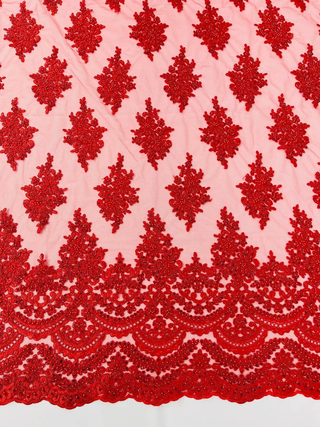 Beaded Flower Cluster Fabric - Red - Embroidered Beaded Fancy Border Floral Fabric Sold By Yard