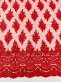 Beaded Flower Cluster Fabric - Red - Embroidered Beaded Fancy Border Floral Fabric Sold By Yard