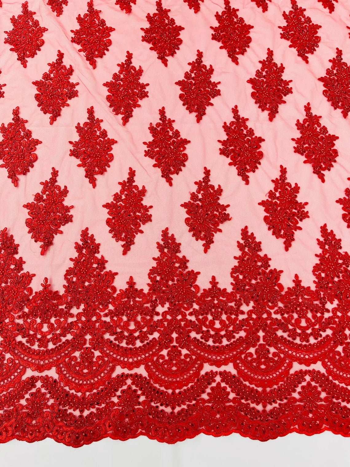Beaded Flower Cluster Fabric - Red - Embroidered Beaded Fancy Border Floral Fabric Sold By Yard