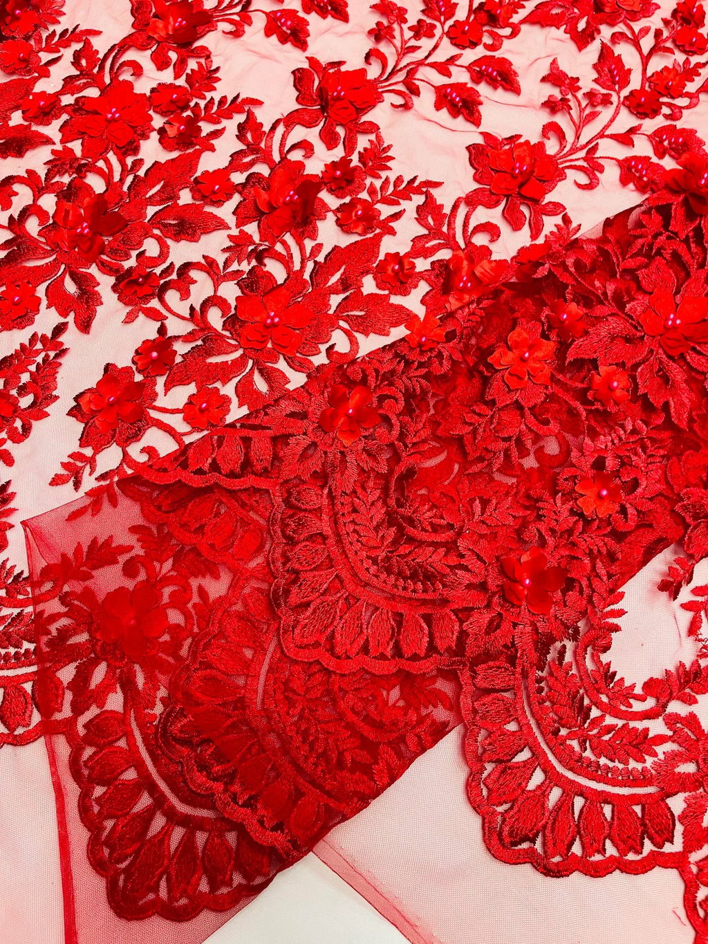 3D Scalloped Border Fabric - Red - 3D Flowers Embroidered on Lace Sold By Yard
