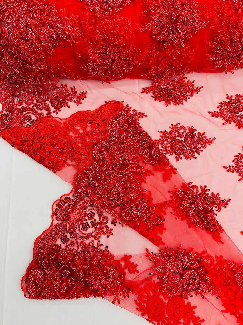 Heavy Beaded Floral Fabric - Red - Luxury Heavy Duty Bead Bridal Floral Cluster Lace Fabric by the yard