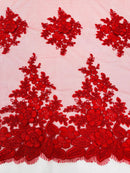 Corded Floral 3D Fabric - Red - Embroidered Floral Design on Lace Mesh Fabric by Yard