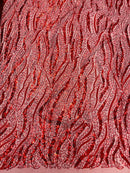 Wavy Design Beaded Fabric - Red - Beaded Wavy Leaf Embroidered Fabric By Yard