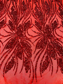 Wavy Leaf Sequins Fabric - Red - Wavy Lines and Leaves Design on Lace Mesh Fabric by Yard