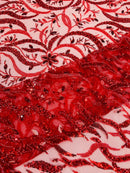 Wavy Leaf / Floral Bead Fabric - Red - Beaded Rhinestone Embroidered on a Mesh By Yard