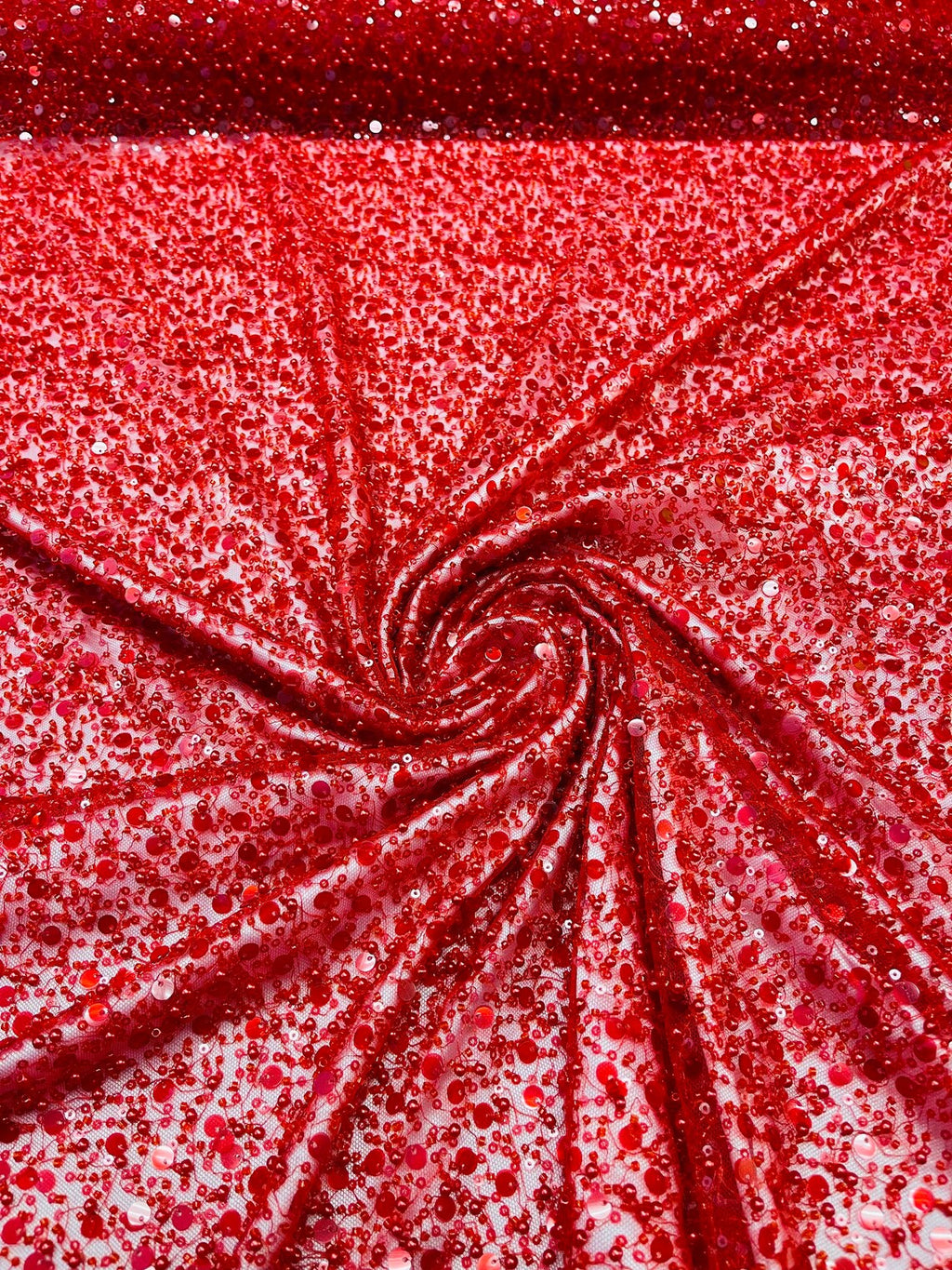 Heavy Duty Sequins Pearl Fabric - Red - Heavy Handmade Embroidery Lace with Sequins All Over By Yard