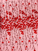 3D Flower Glitter Fabric - Red - Flower Design on Glitter Mesh Fabric Sold By Yard