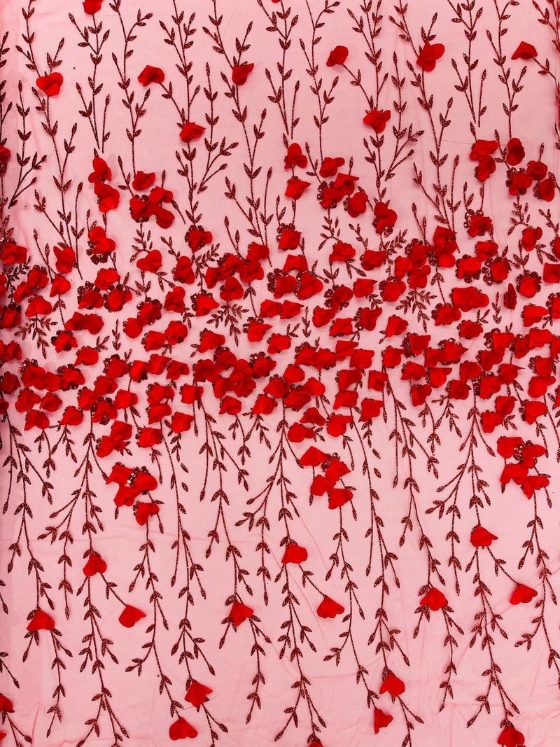 3D Flower Glitter Fabric - Red - Flower Design on Glitter Mesh Fabric Sold By Yard