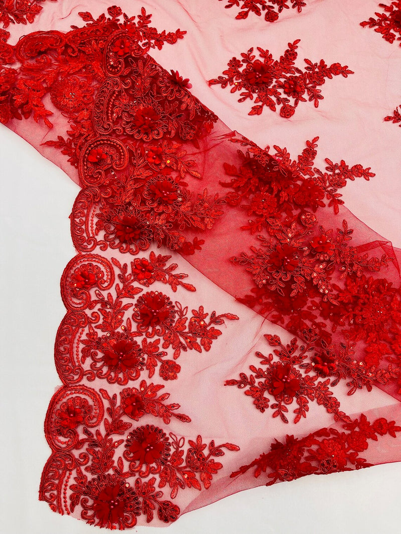 3D Floral Fabric with Floral Border - Red - Embroidered Floral Fabric with Sequin and Beads By Yard